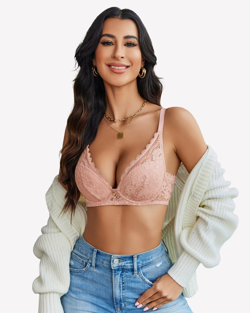 Light coral lace push-up bra with underwire, scalloped cups, adjustable straps