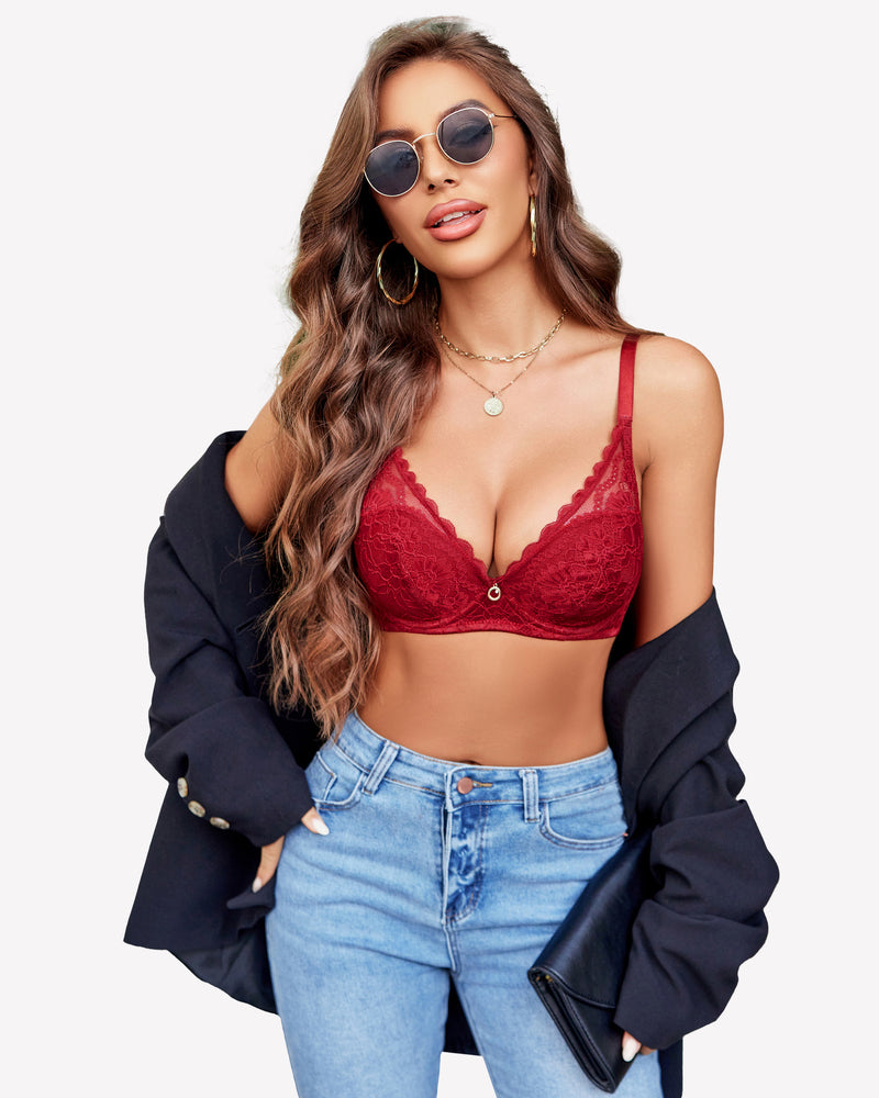 Wine red lace push-up bra with underwire, scalloped cups, adjustable straps