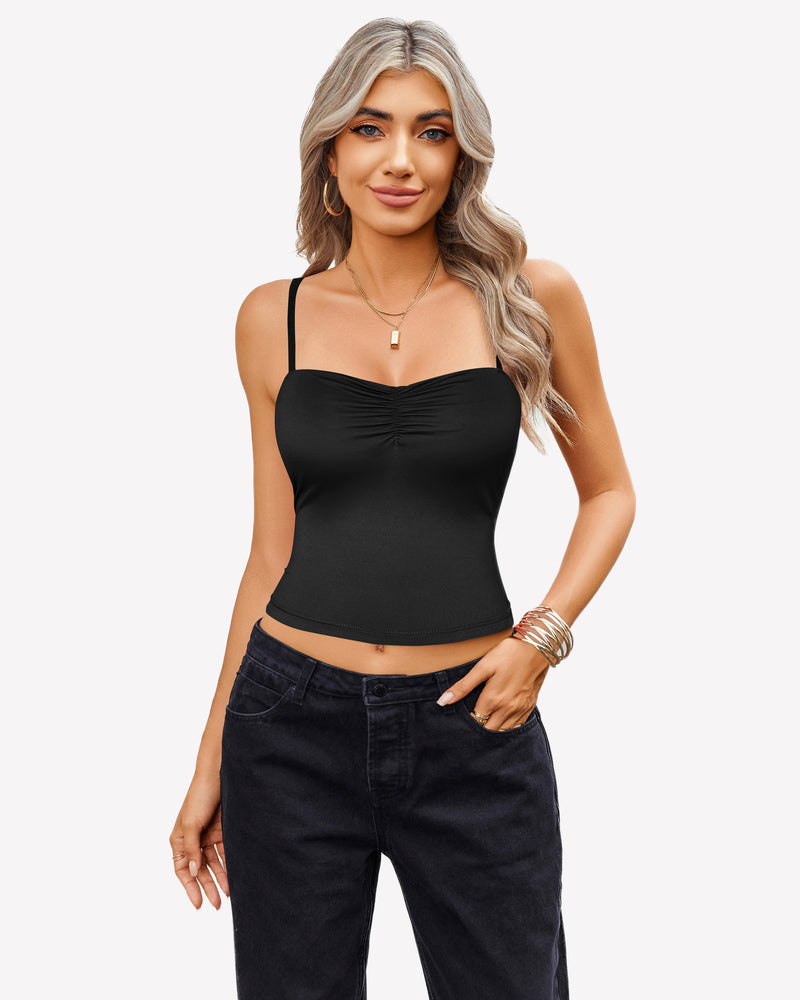 Ruched camisole crop top with square neckline and spaghetti straps, black