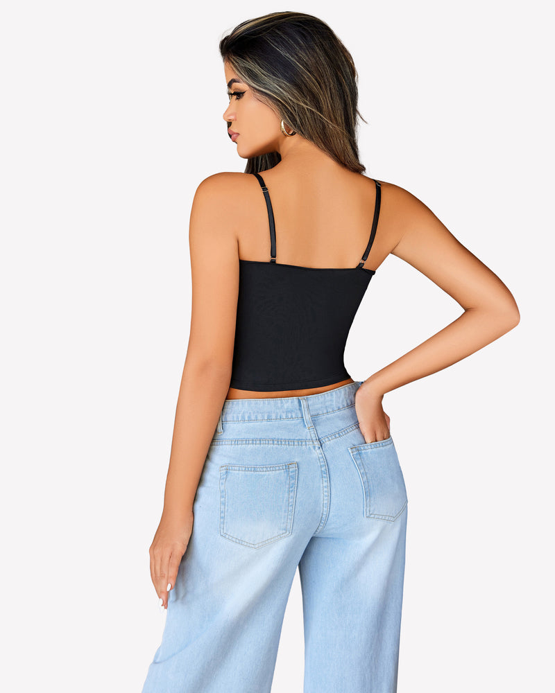 Ruching camisole crop top with spaghetti straps, open back view, black