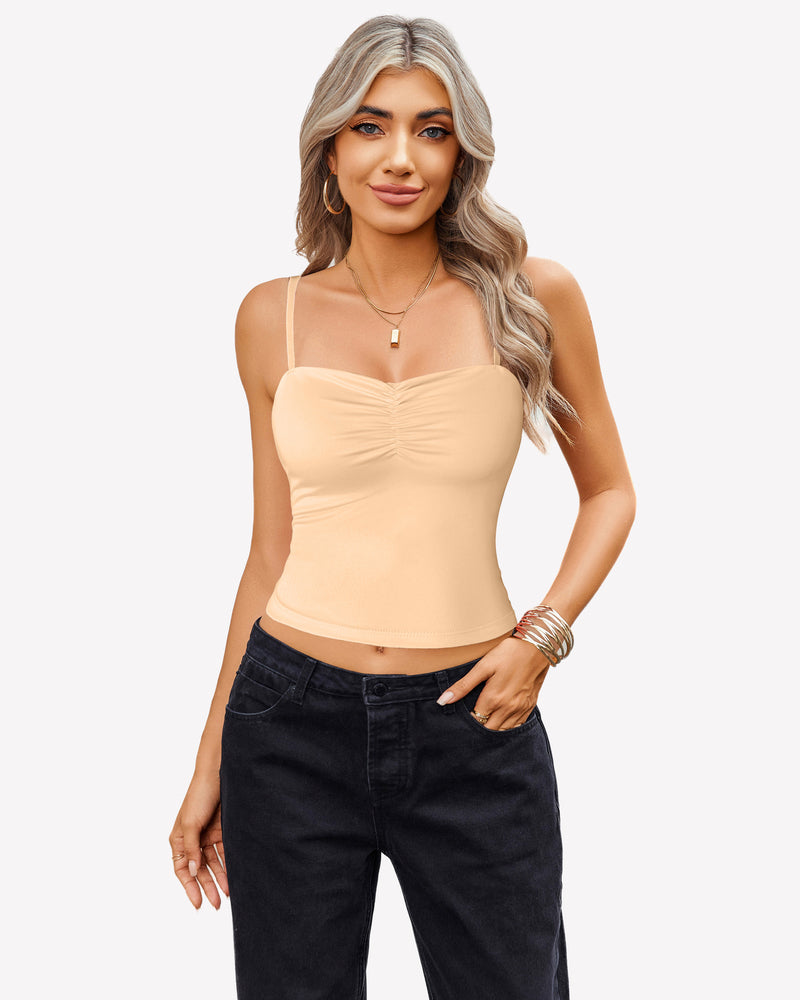 Ruched camisole crop top with square neckline and spaghetti straps, light beige