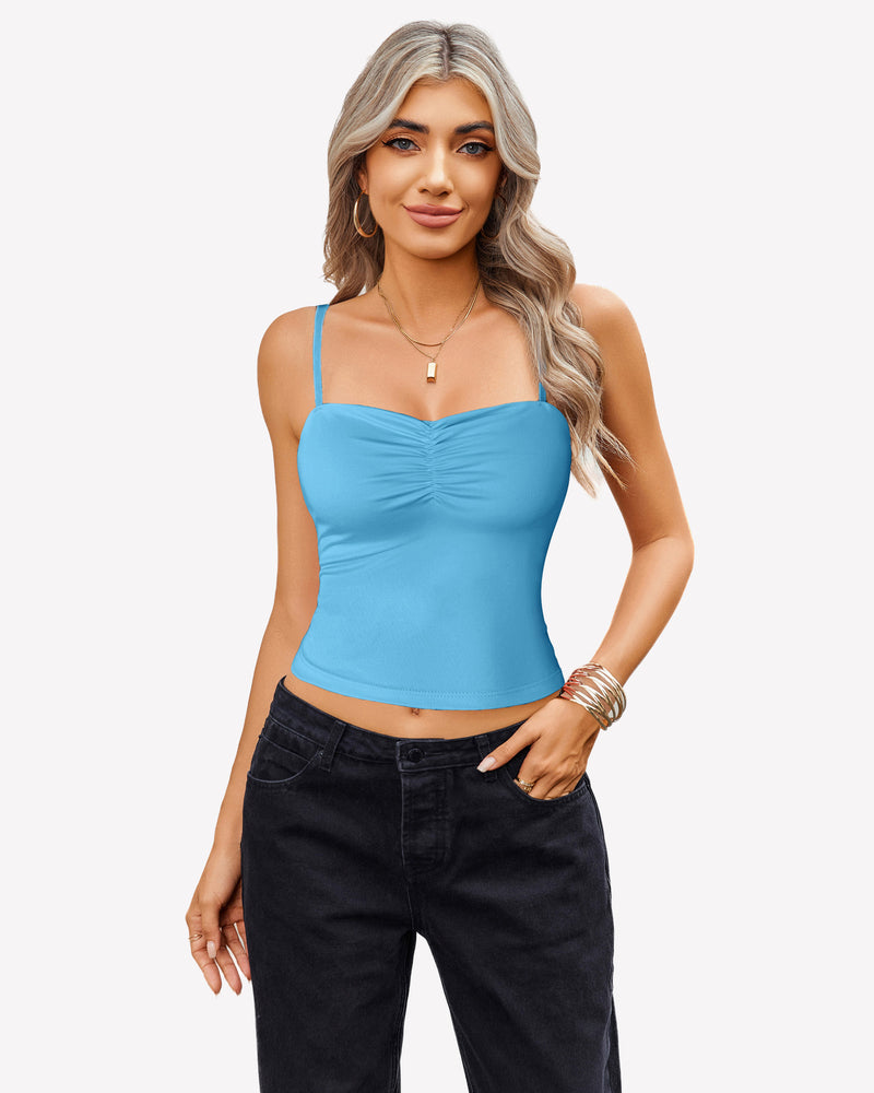 Ruched camisole crop top with square neckline and spaghetti straps, light blue