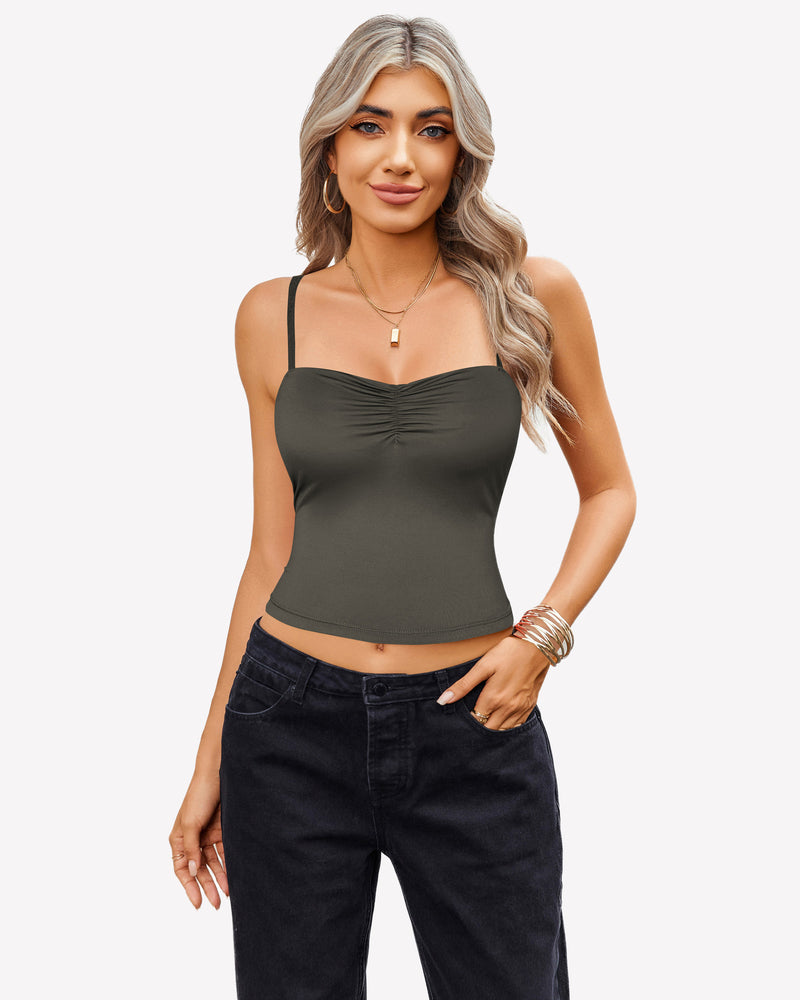 Ruched camisole crop top with square neckline and spaghetti straps, dark grey