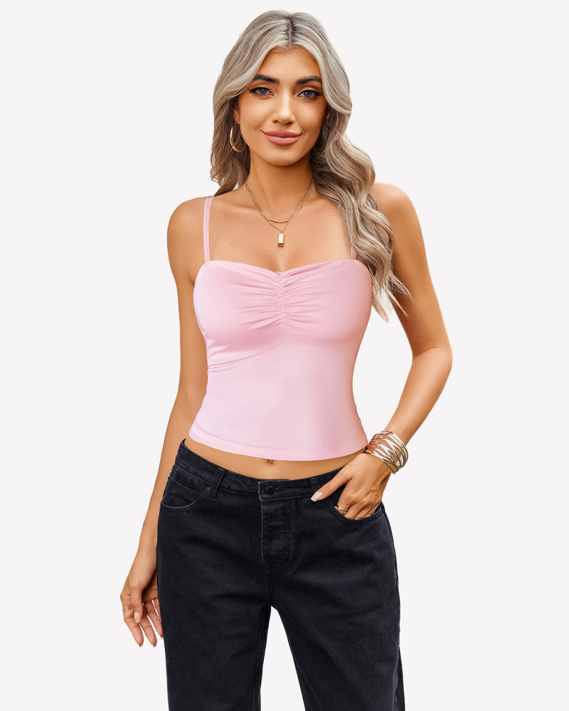 Ruched camisole crop top with square neckline and spaghetti straps, pink