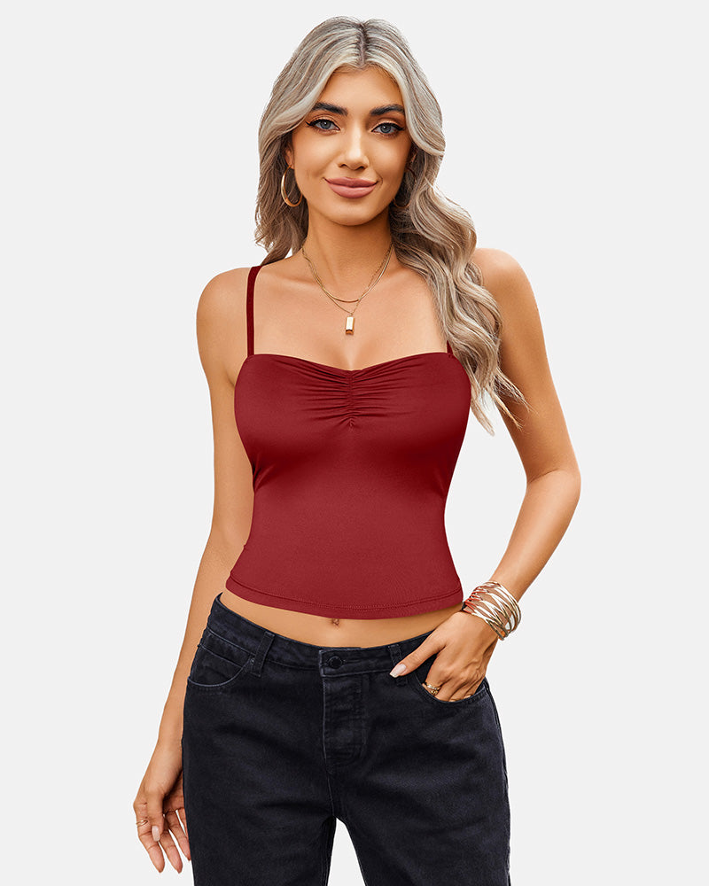 Wine red ruched camisole crop top with thin spaghetti straps