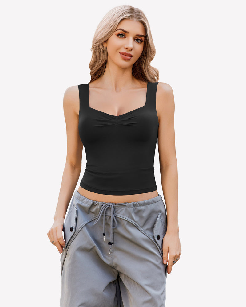 Black crop tank top with sweetheart neckline and backless square back