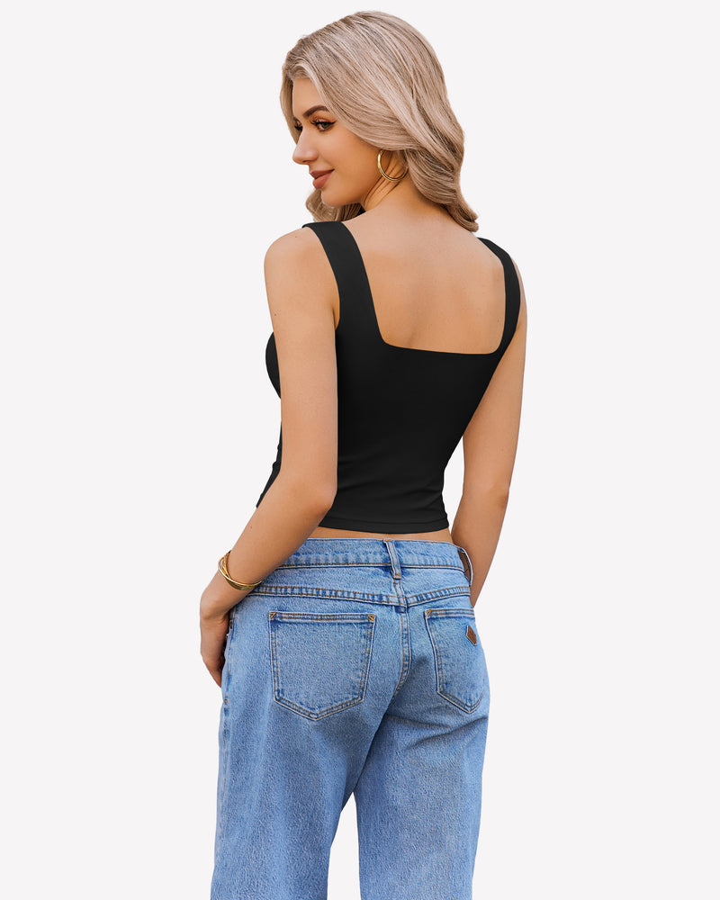 Black backless crop tank top with square back and thick shoulder straps