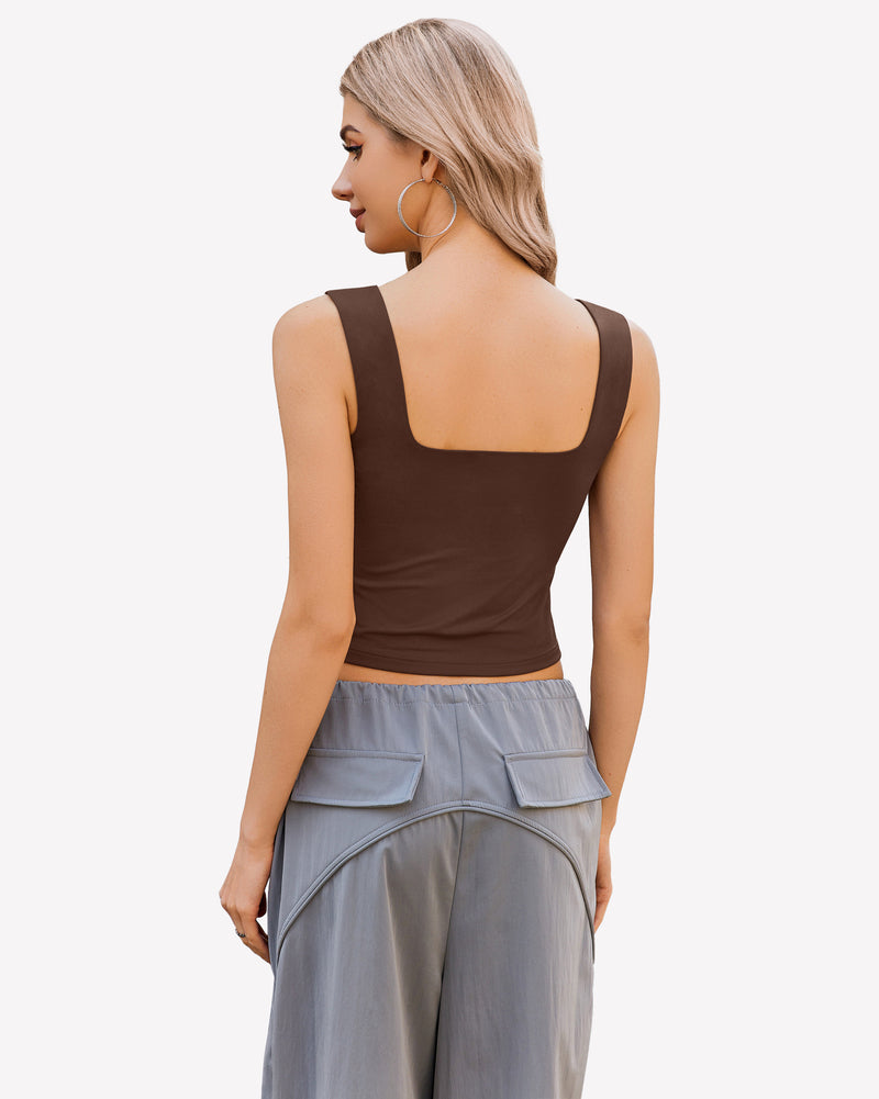 Brown backless crop tank top with square back and wide shoulder straps