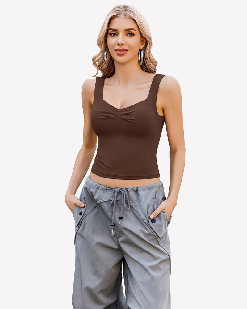 Brown crop tank top with sweetheart neckline and ruched bust