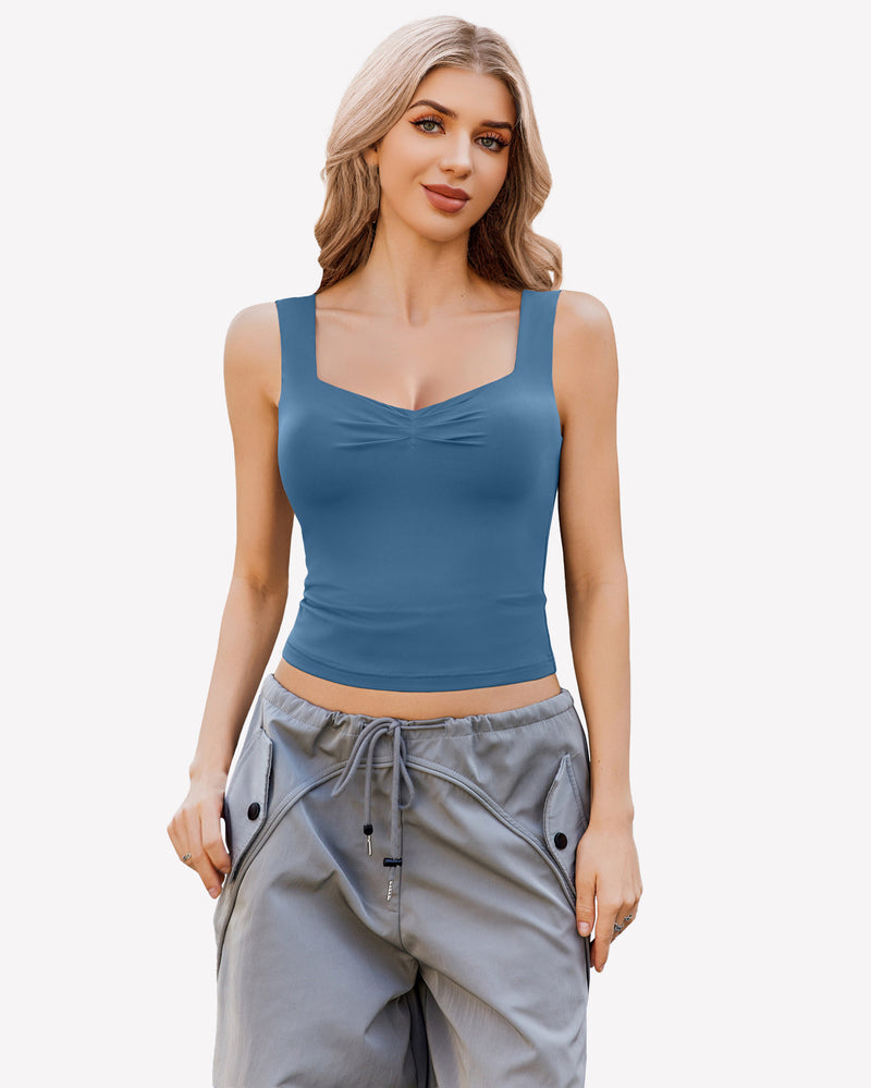 Dark blue crop tank top with sweetheart neckline and ruched bust