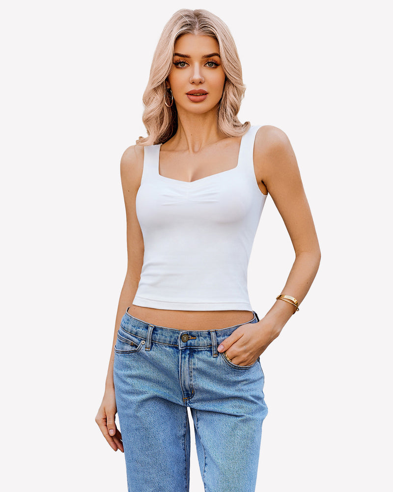 White crop tank top with sweetheart neckline and fitted ruched bust