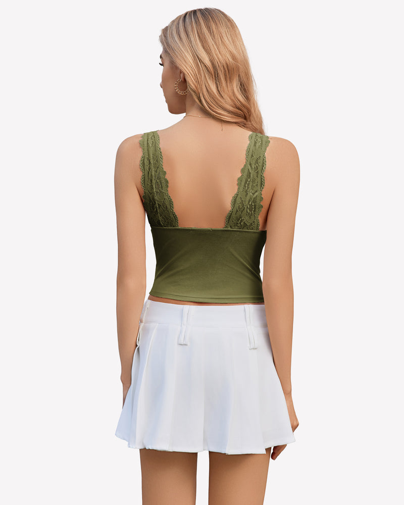 Army green lace-trim going-out tank top, open back with V-style lace panel