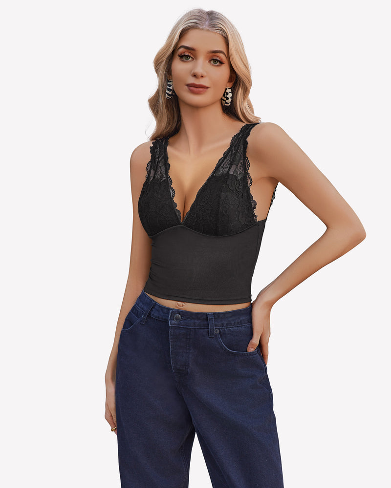 Black lace-trim V-neck going-out tank top, slim fit with scalloped cups