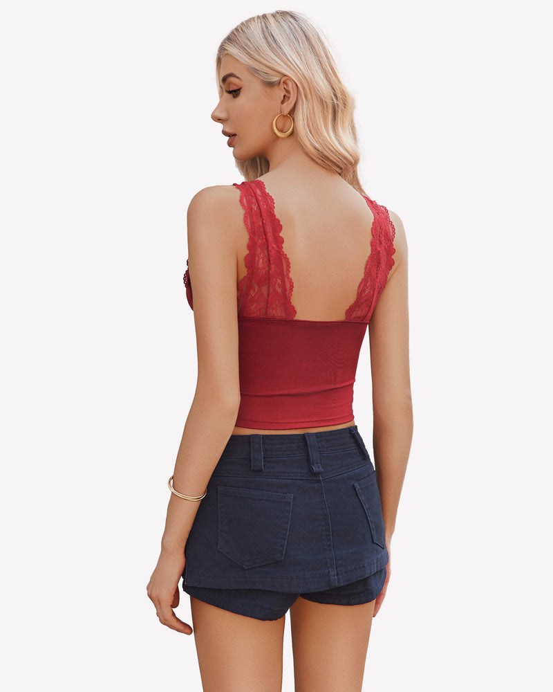 Dark red lace-trim going-out tank top, open back with V-style lace panel
