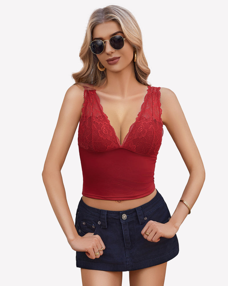 Dark red lace-trim V-neck going-out tank top, slim fit with sheer lace cups