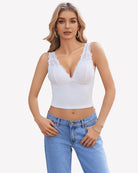 White lace-trim plunge tank top