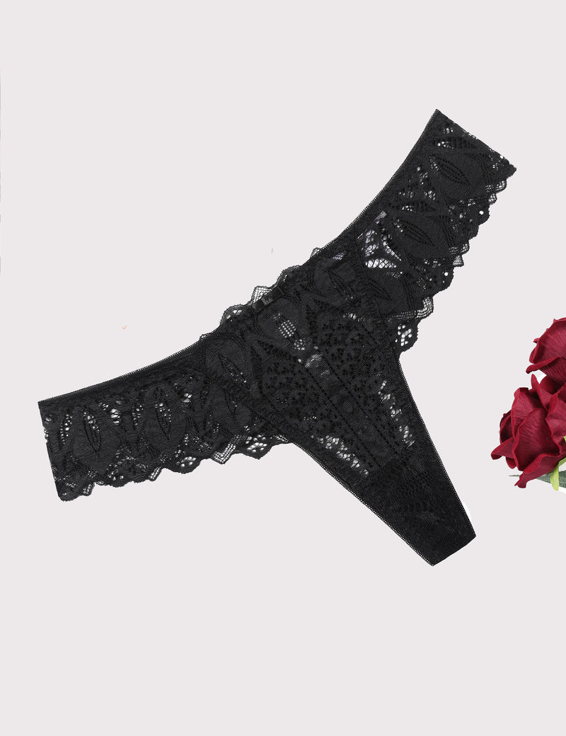 Black lace thong underwear with scalloped lace trim