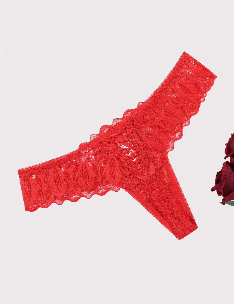 Red lace thong underwear with scalloped lace trim