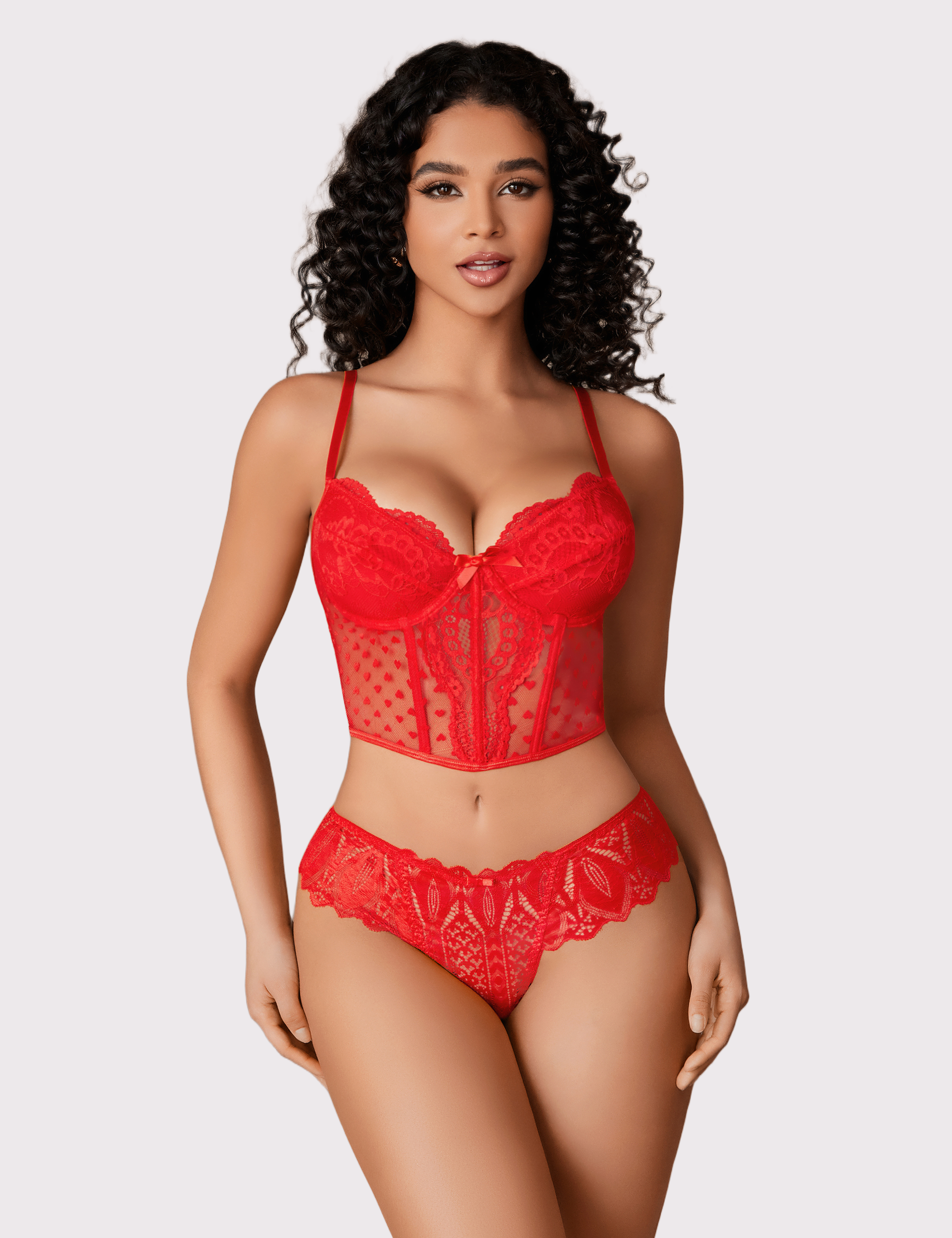 Red lace thong underwear on model with scalloped edges