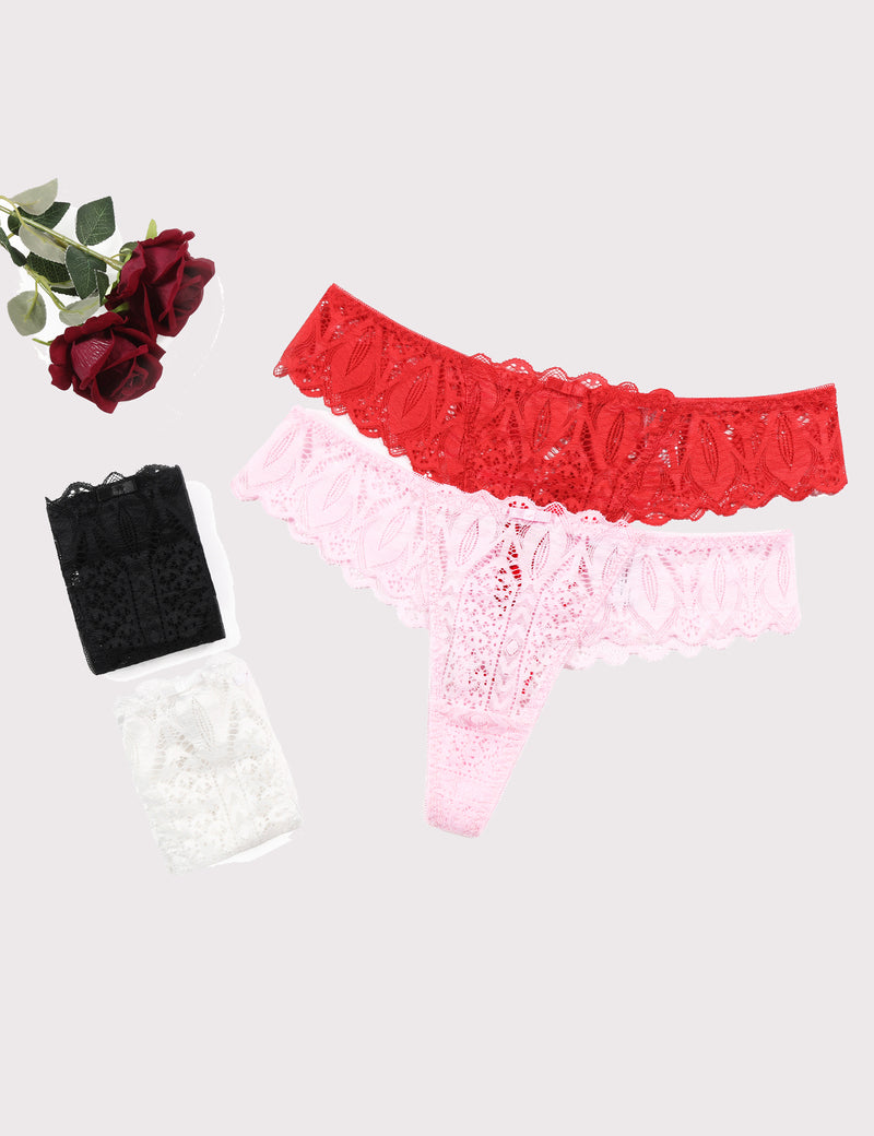 Lace thong underwear set in red, pink, black, and white