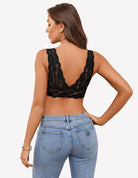 Black lace longline non-padded bralette, open-back lace straps with V-shaped neckline
