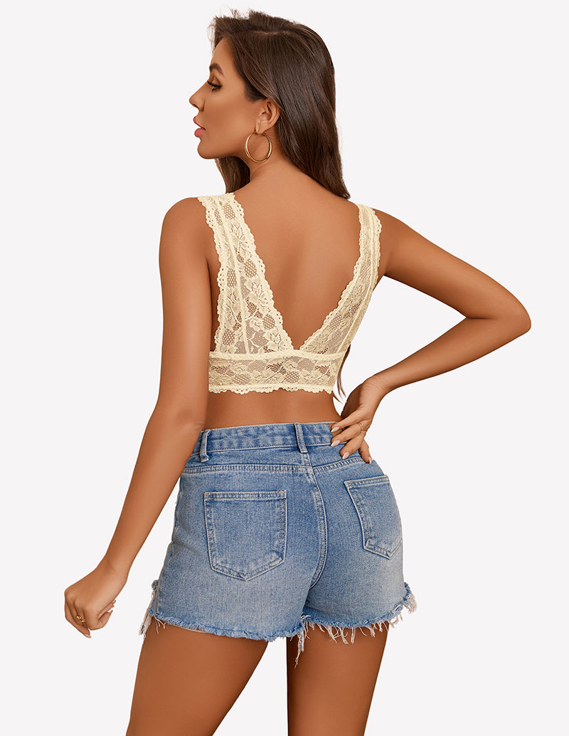 Cream lace longline non-padded bralette with open-back V design and lace-trim straps