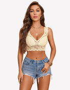 Cream lace longline non-padded bralette with V-neck and scalloped lace trim