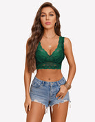 Green lace longline non-padded bralette with V-neck and scalloped lace edging