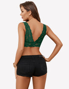 Green lace longline non-padded bralette with open back and V-shaped lace strap design