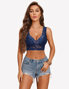 Navy blue lace longline non-padded bralette with V-neck and scalloped lace edging