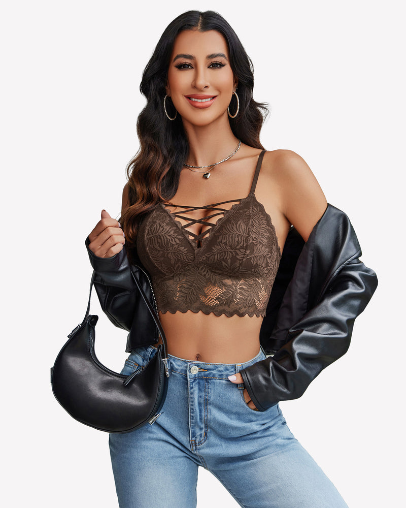 Brown lace camisole with crisscross front and scalloped hem