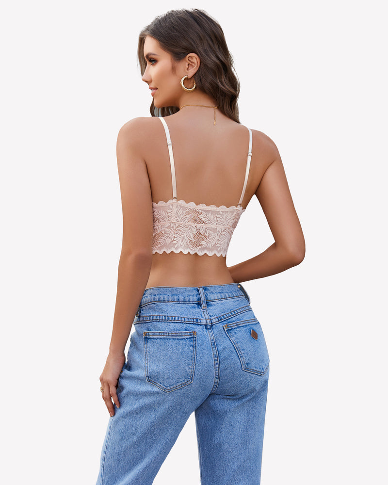 Nude lace camisole with crisscross back and scalloped lace hem