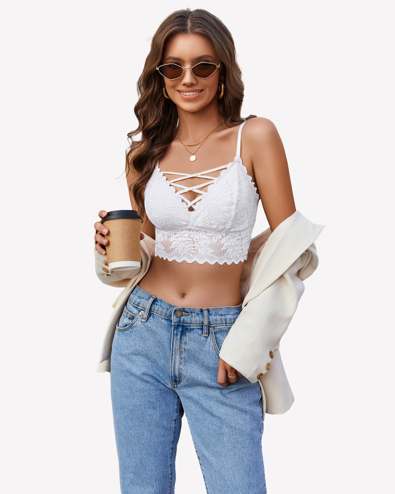 White lace V-neck camisole with crisscross neckline and scalloped lace hem