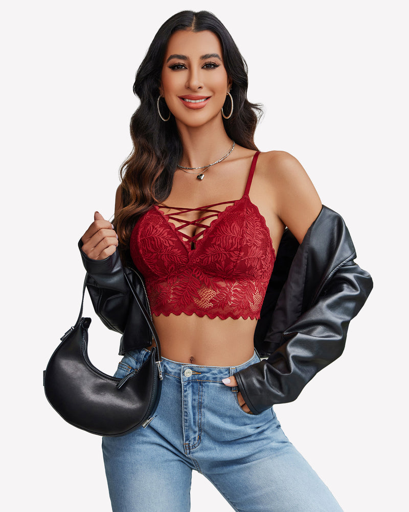 Wine red lace V-neck camisole with crisscross front and scalloped lace trim