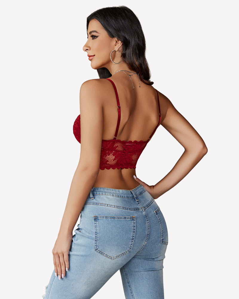 Wine red lace V-neck camisole with lace back and scalloped hem