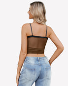 Ruched mesh crop tank top, brown, back view with thin straps and ruched center.