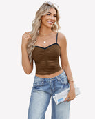 Ruched mesh crop tank top, brown, spaghetti straps with sweetheart neckline.