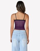 Ruched mesh crop tank top, deep purple, back view with thin straps and ruched seam.