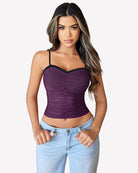 Ruched mesh crop tank top, deep purple, spaghetti straps with sweetheart neckline.