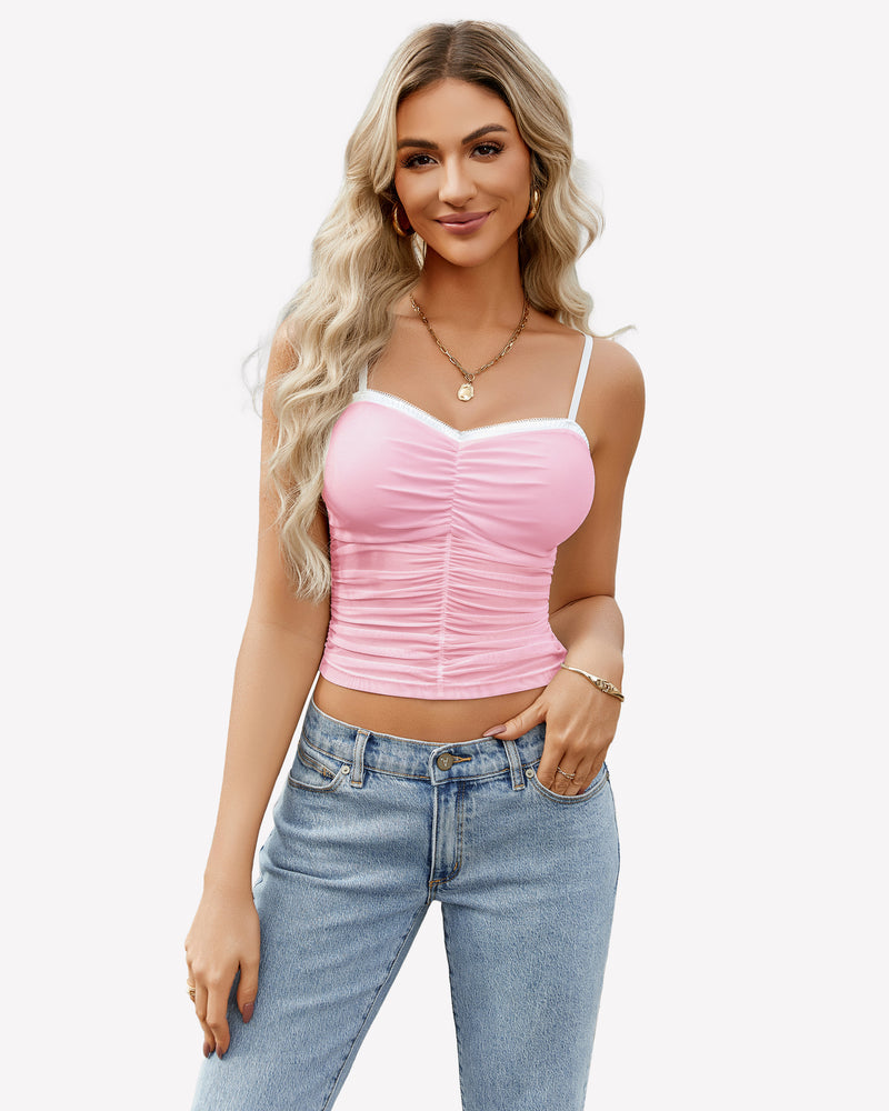 Ruched mesh crop tank top, pink, spaghetti straps with sweetheart neckline.