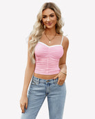 Ruched mesh crop tank top, pink, spaghetti straps with sweetheart neckline.