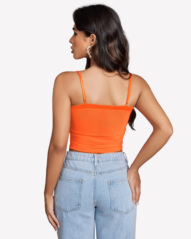 Ruched orange Y2K tank crop top, back view, spaghetti straps and ruched center