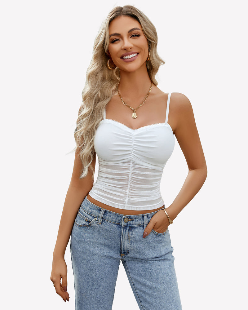 Ruched white Y2K tank crop top with sweetheart neckline and spaghetti straps