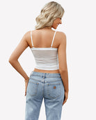 Ruched white Y2K tank crop top, back view, spaghetti straps and ruched fabric