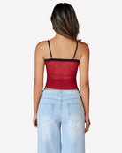 Ruched wine red Y2K tank crop top, back view, spaghetti straps and ruched back