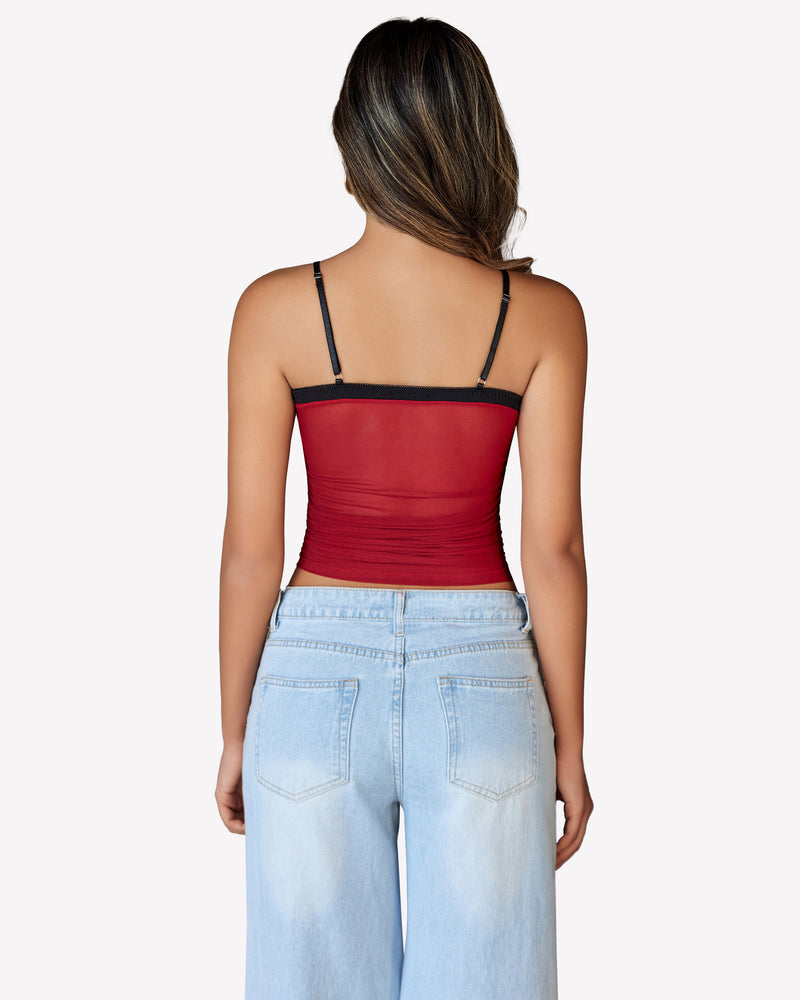 Ruched wine red Y2K tank crop top, back view, spaghetti straps and ruched back