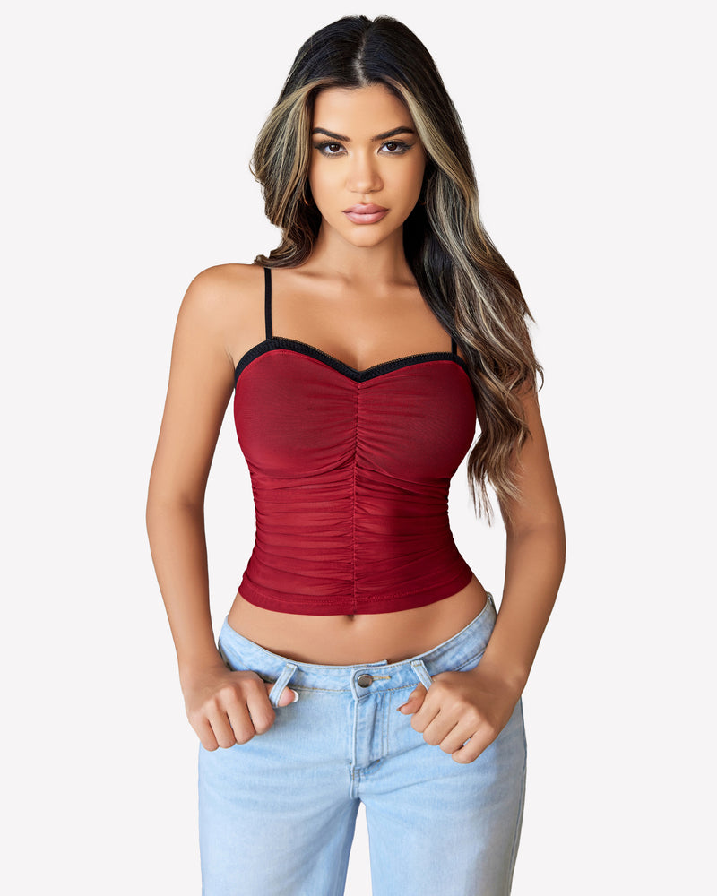 Ruched wine red Y2K tank crop top with sweetheart neckline and spaghetti straps