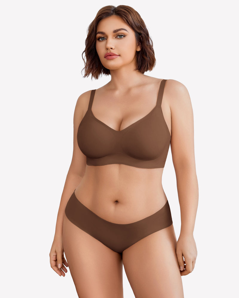 Brown wireless padded V-neck bra with seamless finish and supportive cups