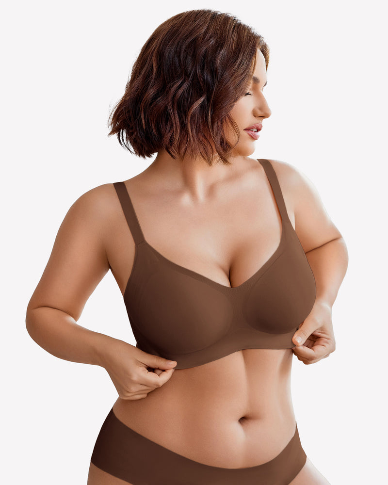 Nude wireless padded V-neck bra with seamless cups and wide straps