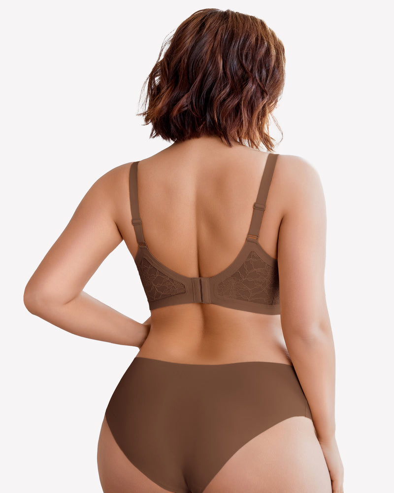 Brown wireless lace back bra with V-neck front and adjustable shoulder straps